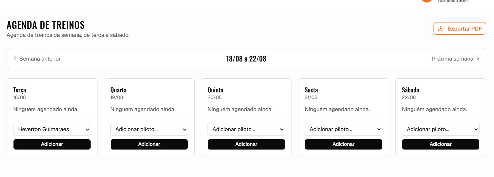 Tela Agenda de Treinos do app de gestão: semana de terça a sábado, com agendamento de piloto por dia