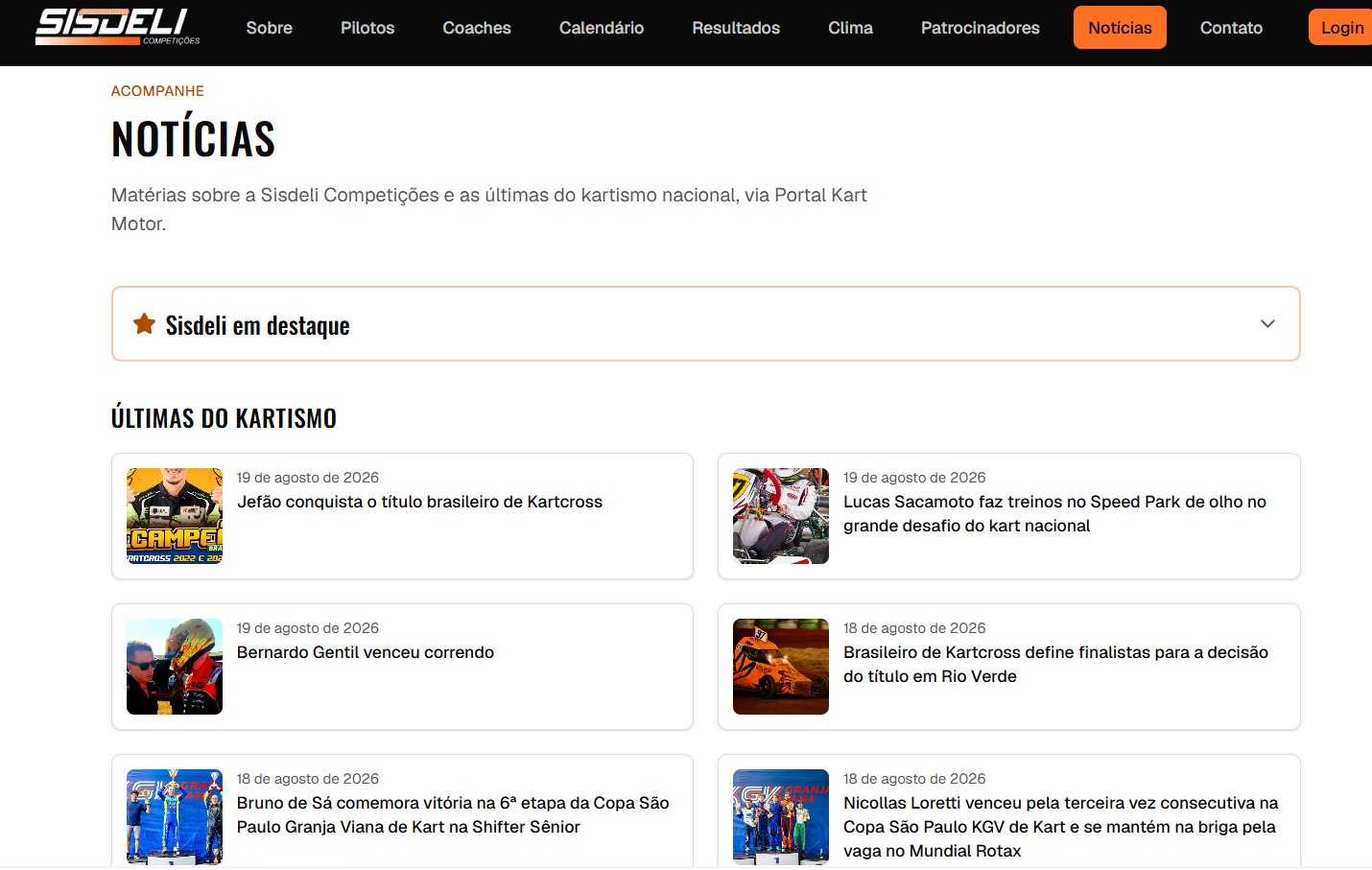 Página de notícias do portal da equipe, com matérias do time e do kartismo